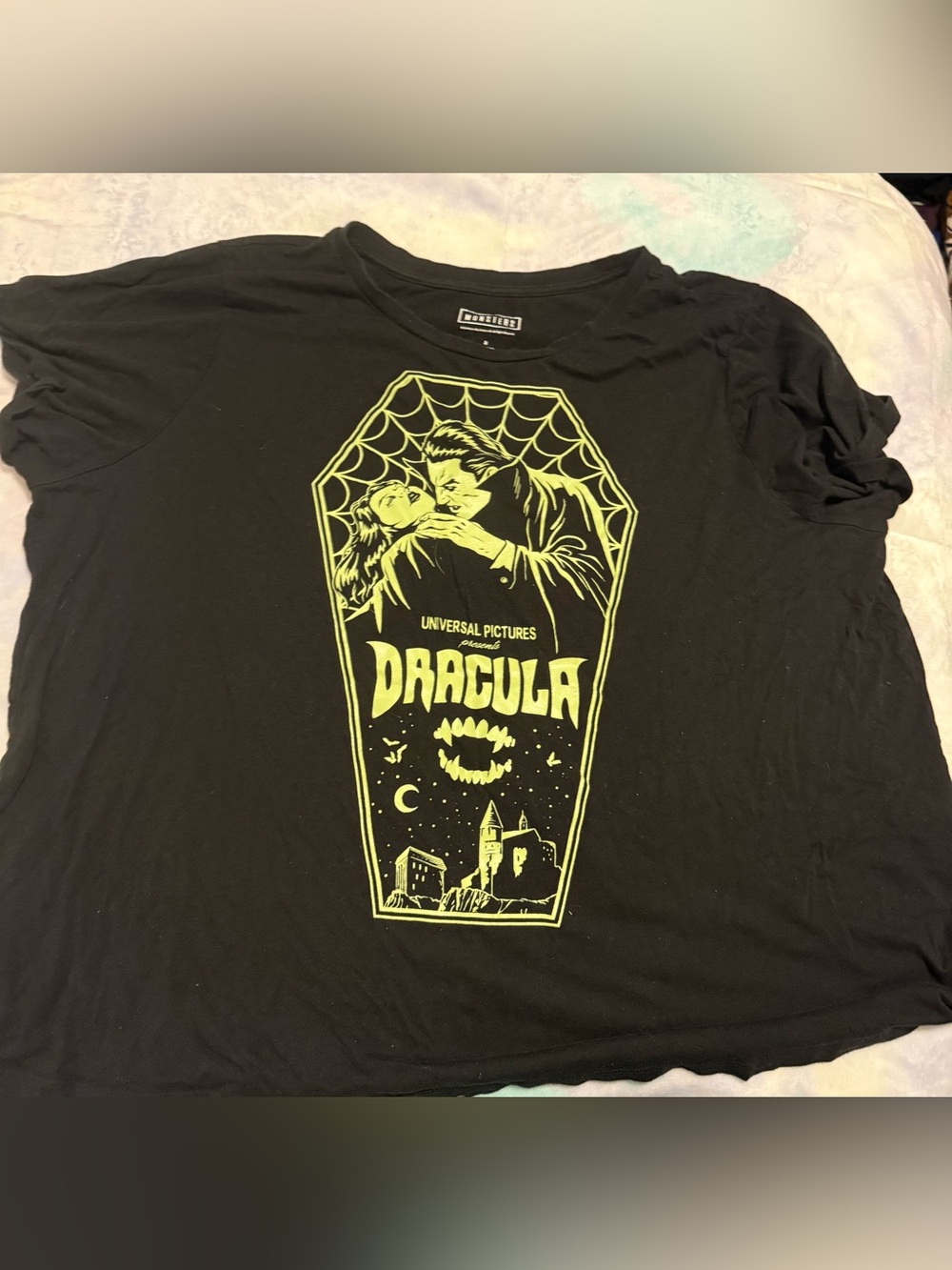 torrid Black Tee with Neon Yellow Dracula Coffin Graphic